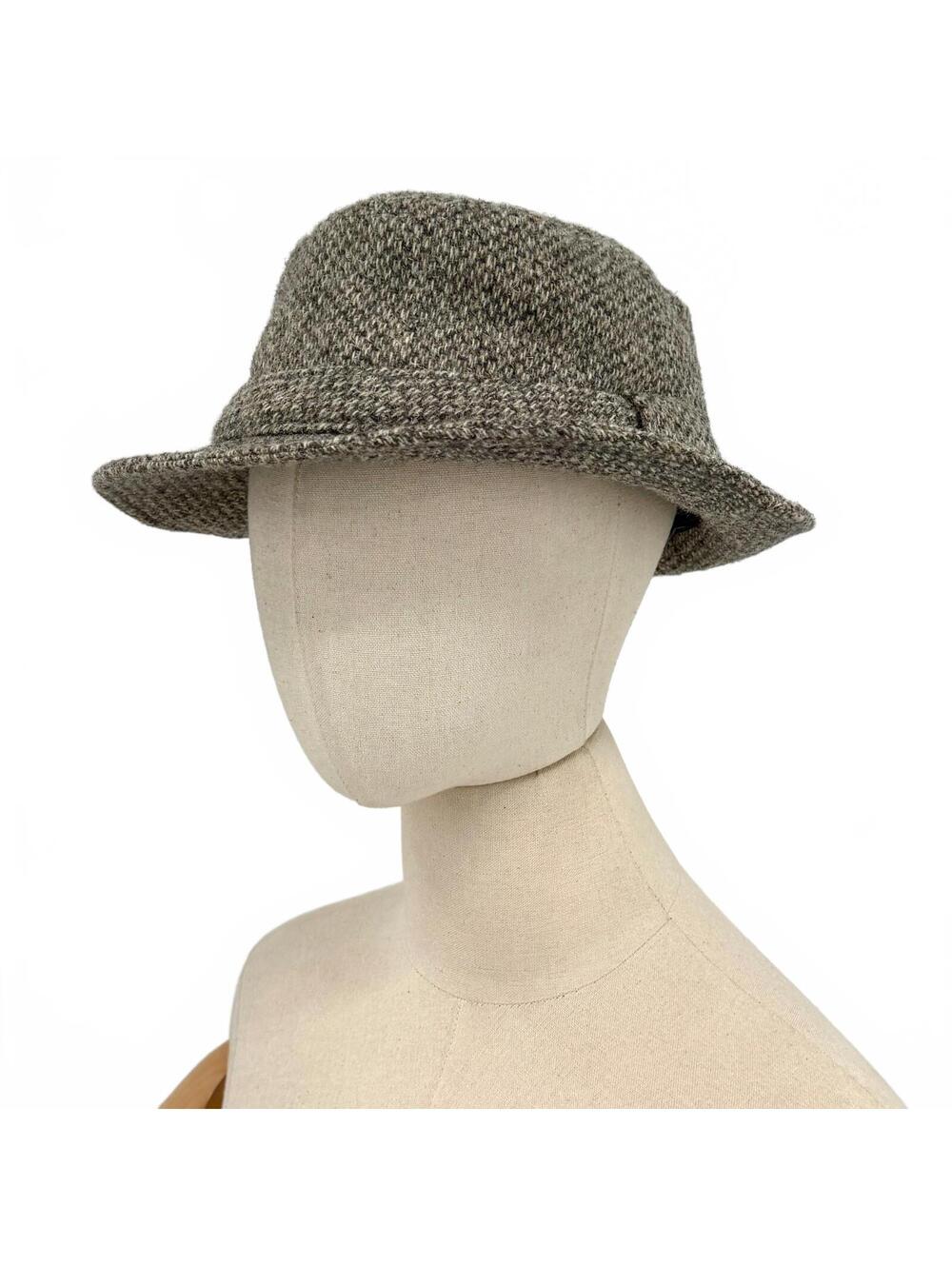 Vintage 80s Gray 100% British Wool Tweed Flat Top Hat